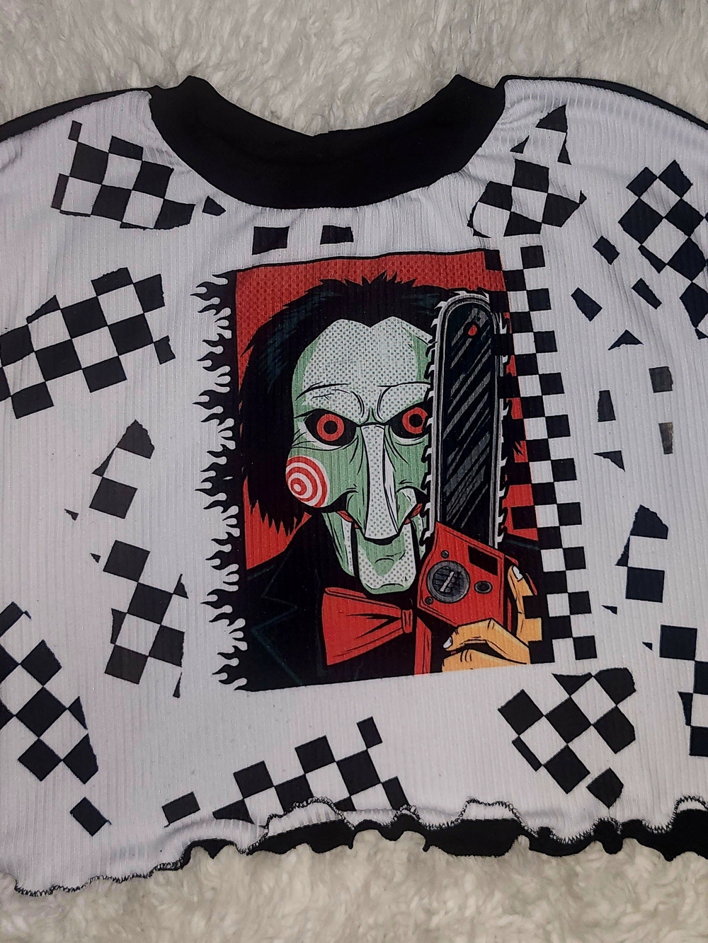 Saw Spooky Horror Checker Mesh Sleeve Girls Shirt 5t Saw 2 Movie Handmade